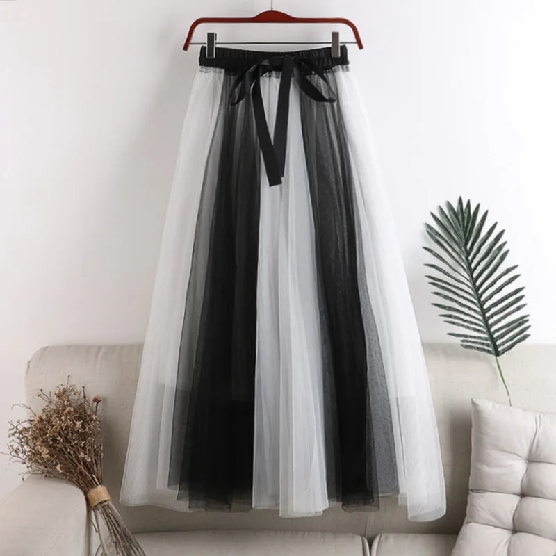 Spring Summer Gradient Color Tulle Skirts Women Fashion Bow Patchwork A-line Skirt Female Long Sweet Party Skirts WHITE One Size
