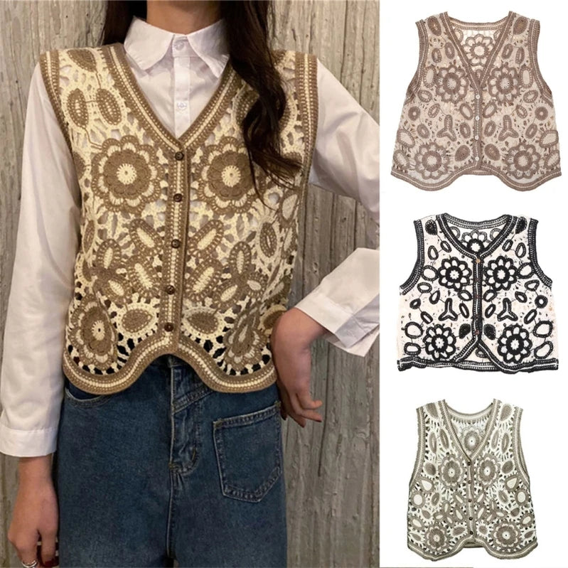Women Vintage Hollow Out Crochet Crop Vest Embroidery Floral Sleeveless for Jack P8DB