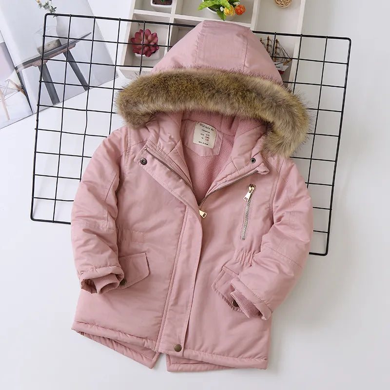 Boys Coats Autumn Winter Fashion Hooded Fur Children's Plus Velvet Warming Cotton Outerwear For Kids Jacket 5-14 Years Pink