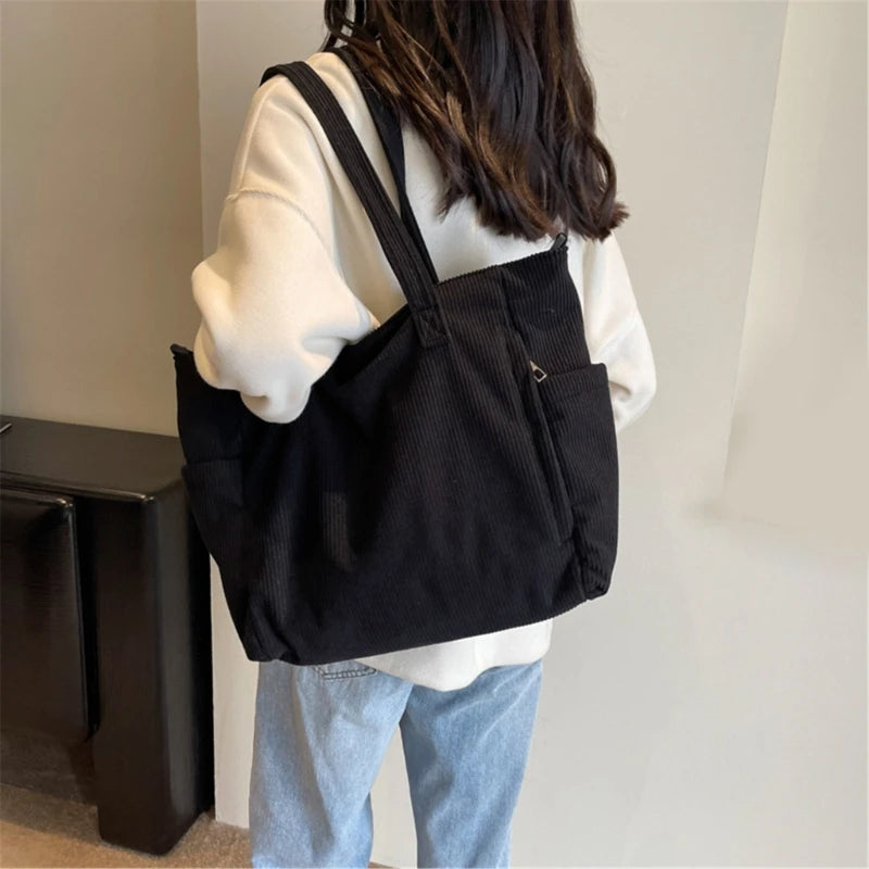 Women's Handbag Corduroy Shopper Shoulder Bag Casual Large Capacity Crossbody Bags College Student Bookbag Laptop Tote Bag