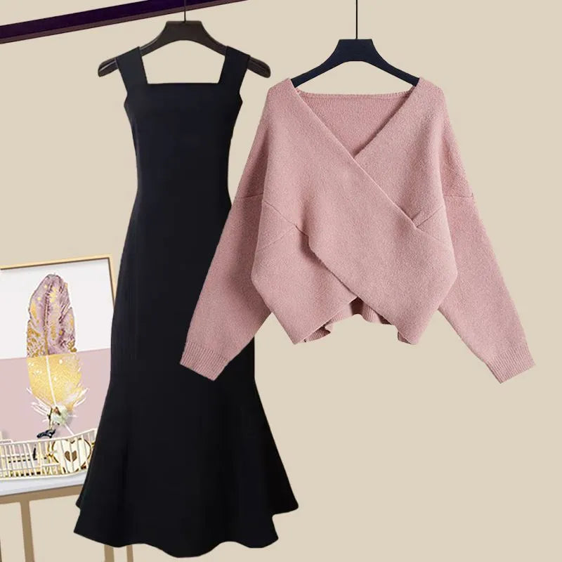 Autumn and Winter Set Women's New Korean Version Slim Cross Sweater Strap Fishtail Skirt Two Piece Set Fashion Two piece set 01