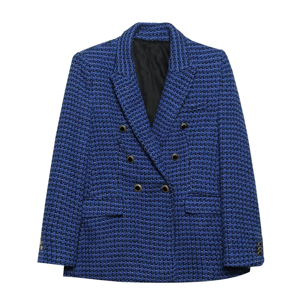 Winter Women's Fashion Loose Texture Double breasted Casual Flip Collar Suit Top Coat Blue