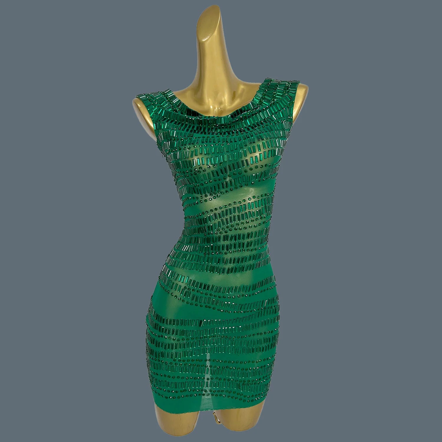 Women Sparkly Crystals Short Dress Sexy Mesh See Through Birthday Party Event Dress Show Stage Wear Performance Costume Yizijian