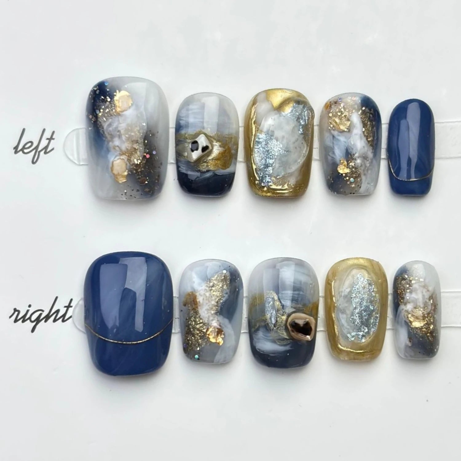 10Pcs Hand-drawn Smudging Black Press on Nails Set for Spice Girls Glitter Glossy Short Ballet Detachable Cool Finished Manicure