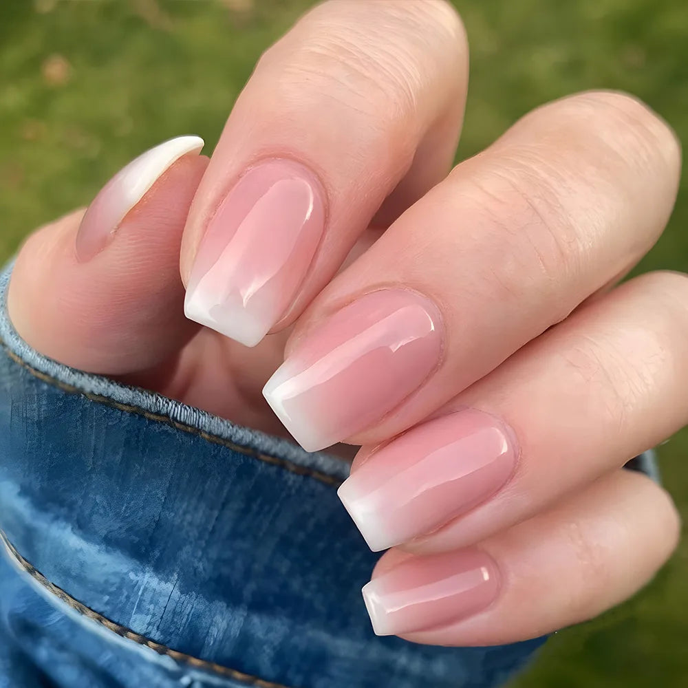 24Pcs Golden Lines Design Fake Nails Short Square Head Press on False Nails Double-layer French Reusable Full Cover Nail Tips