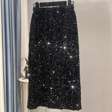 French High-waisted Slim Skirt High-quality Shiny All-match Mid-length Thickened Hip Skirt Split Black Sequin Skirt Women black