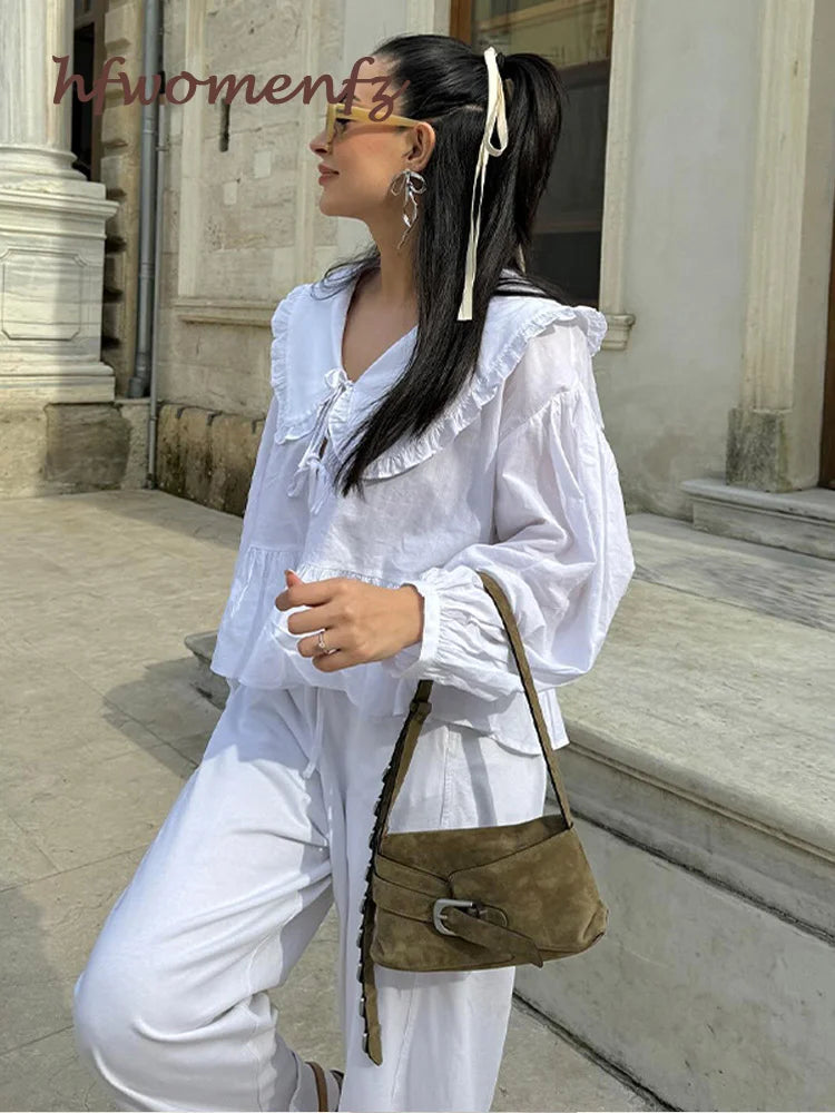 Chic Lace Up Pleated Women Shirts Blouses Lantern Sleeve White Female Streetwear Loose Spring Summer Lapel Elegant Lady Top
