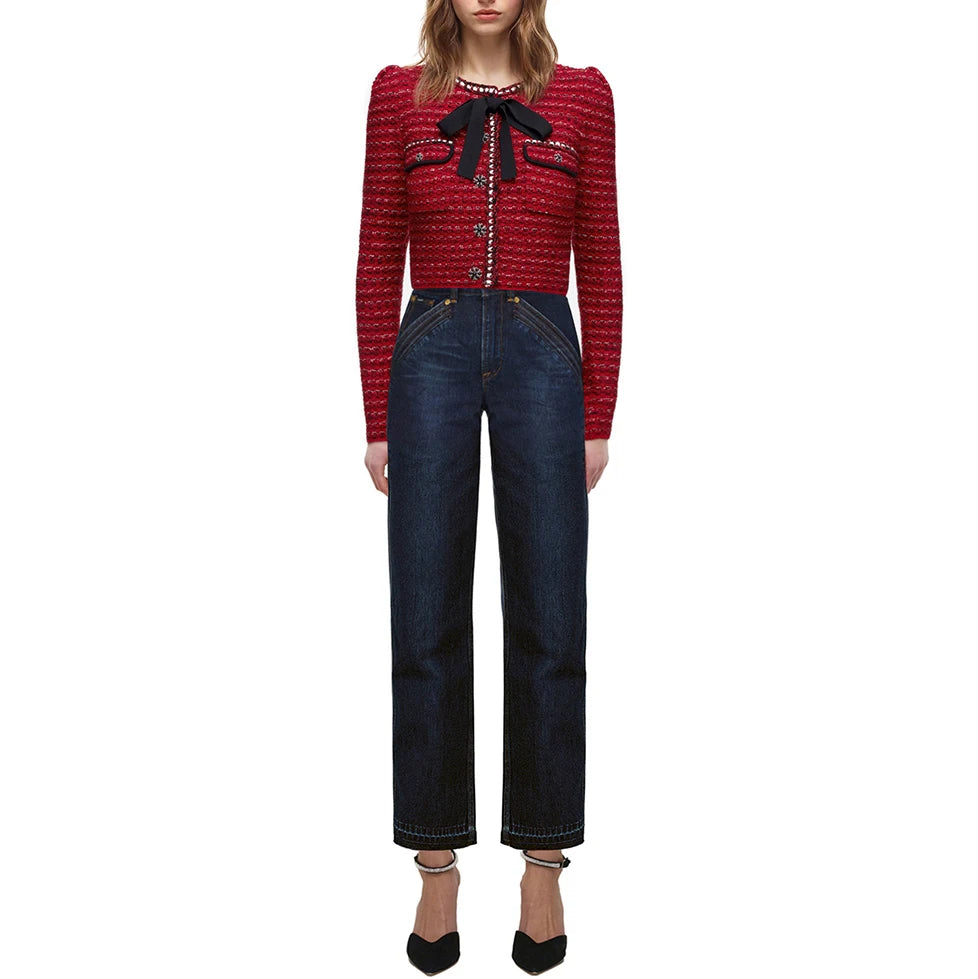 EOS Tweed Wool Knitted Cardigan Casual Slim Thickened Outer Sweater Bow Short Jacket 2023 Spring New Arrival Ladies
