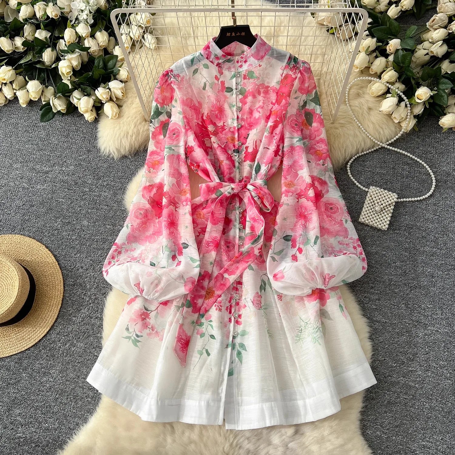 Robe en organza à fleurs pour femmes, magnifique robe lanterne à manches longues, bouton perlé, imprimé floral, ceinture à lacets, style bohème, collection printemps 2025