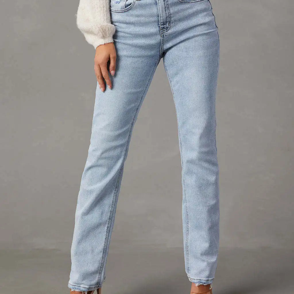 Women Blue Straight Denim Pants Female All-Match High Waist Vintage Zipper Jeans with Pockets Baby Blue