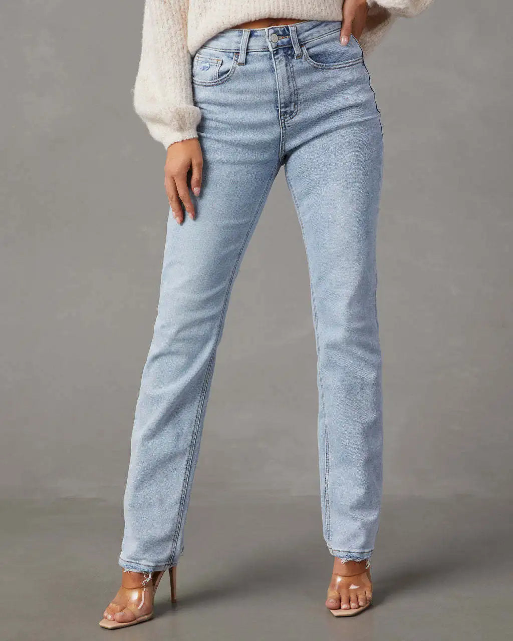 Women Blue Straight Denim Pants Female All-Match High Waist Vintage Zipper Jeans with Pockets Baby Blue