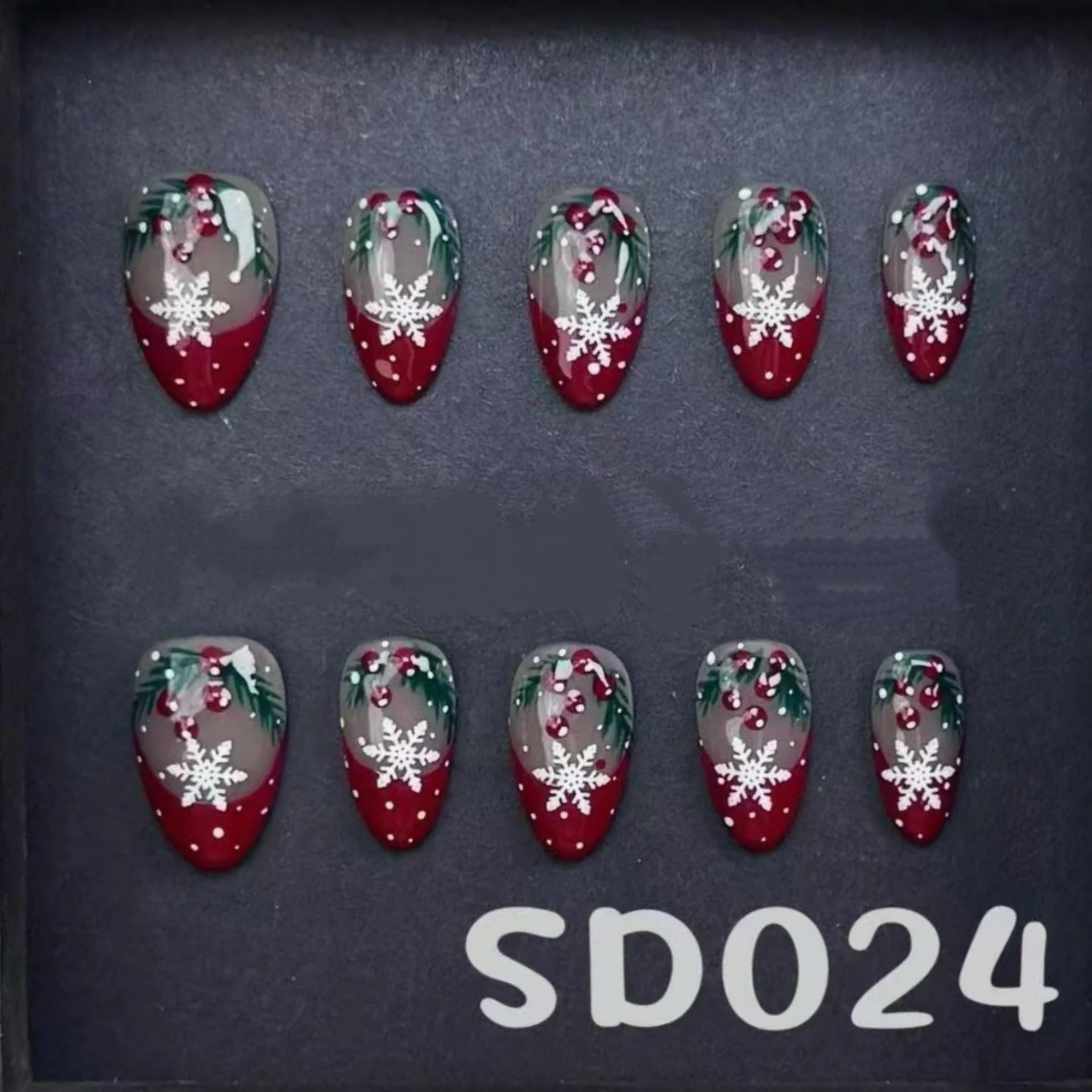 10pcs Christmas Blush Handmade Fake Nail Art Red French Mid-length Almond False Nails Diamond Snowflake Design Press on Nails