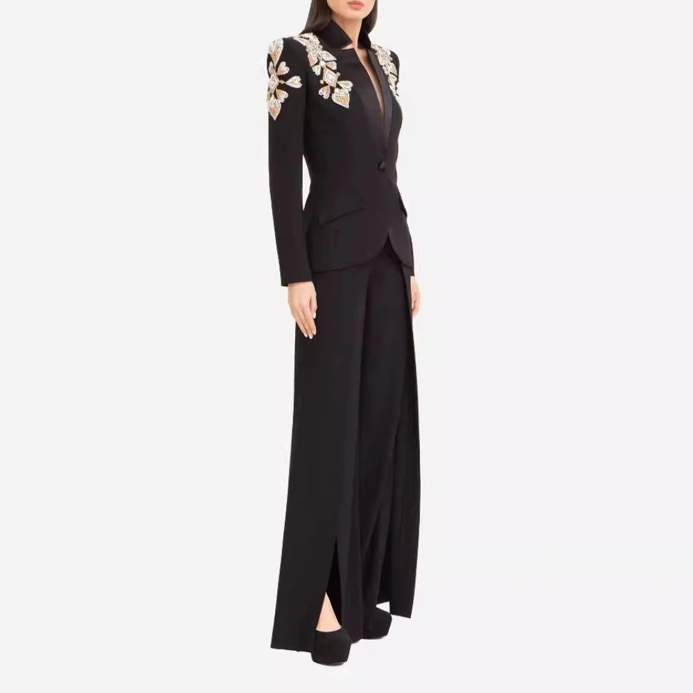 TWOTWINSTYLE Slimming Two Piece Sets for Women V Neck Long Sleeves Spliced Appliques Top High Waist Wide Leg Pant Set Female New