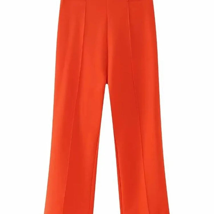 TRAFZA Women's Casual Blazer Chic Outerwear Elegant Flared Trousers Long Sleeve V-Neck Belted Office Commuter Suit Set Orange Trousers-O58