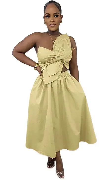 CM.YAYA Women Big Petal Front Strapless Midi Long Dress 2024 Summer Street Vestidos Sexy Party Evening Chic Big Swing Dresses