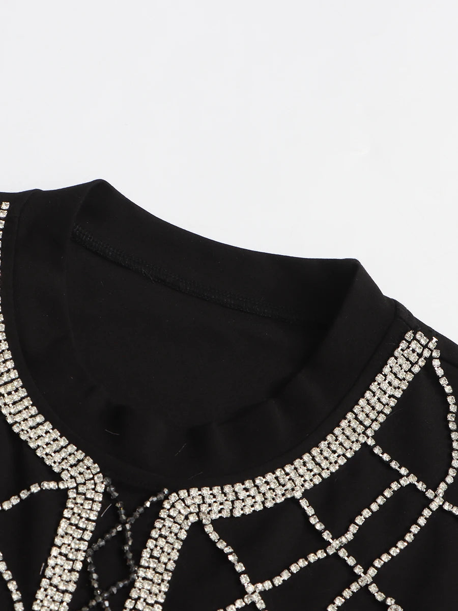 TWOTWINSTYLE Slimming Spliced Diamond Elegant T Shirts for Women Round Neck Short Sleeves Patchwork Tassels Tees Femlae Fashion