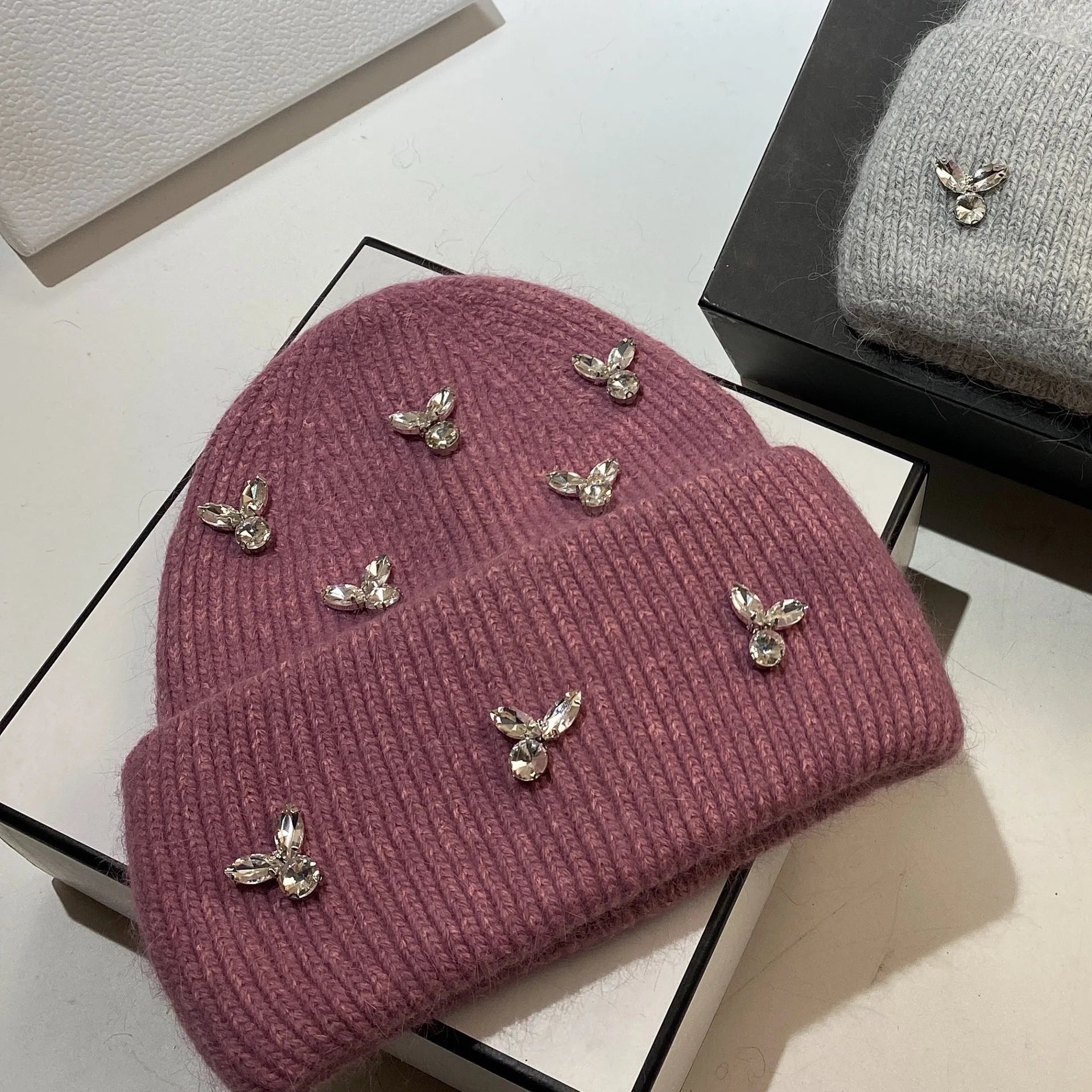 Luxury Rhinestones Fashion Women's Winter Hats Real Rabbit Fur Lady Warm Knitted Hat Outdoor Wool Skullies Beanies Skiing Caps skin purple