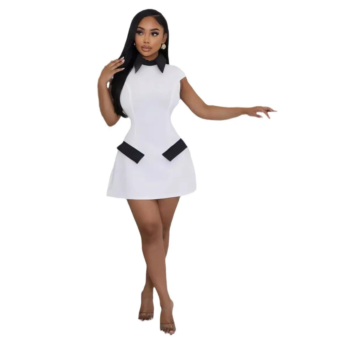 CM.YAYA Women Fashion Turn-down Collar High Waist A-line Mini Dress 2024 Summer Party Night Club Street Basic Vestidos Dresses