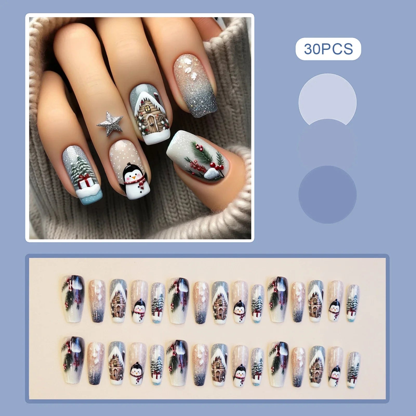 30Pcs Christmas Fake Nails With Penguin/Snowflake/Xmas Tree Designs Ballerina Press On Nails Women Year Party False Nails