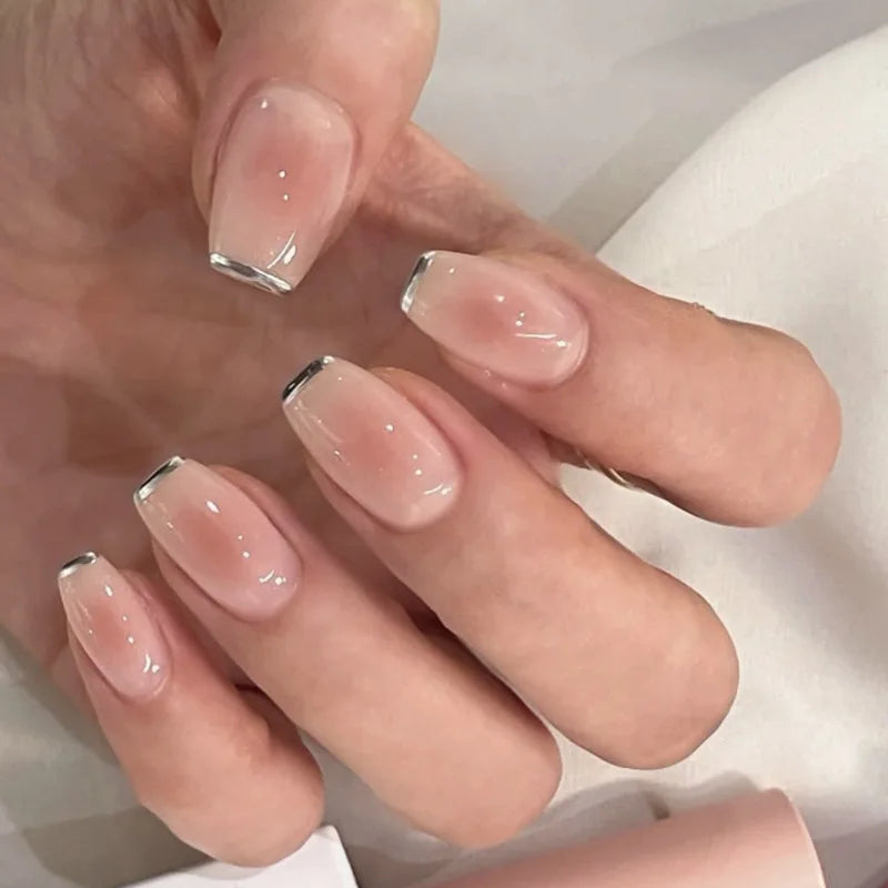 24Pcs Pink Glossy Short Square Head Press on Nails French White Edge Ballet Wearing Fashion Nail Tips Art Acrylic Fake Nails Set