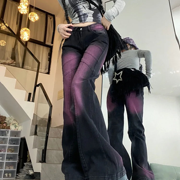 Tie Dye Y2K Jeans for Women Fashion High Waisted Casual Denim Pants Vintage Streetwear Slim Flare Denim Pants