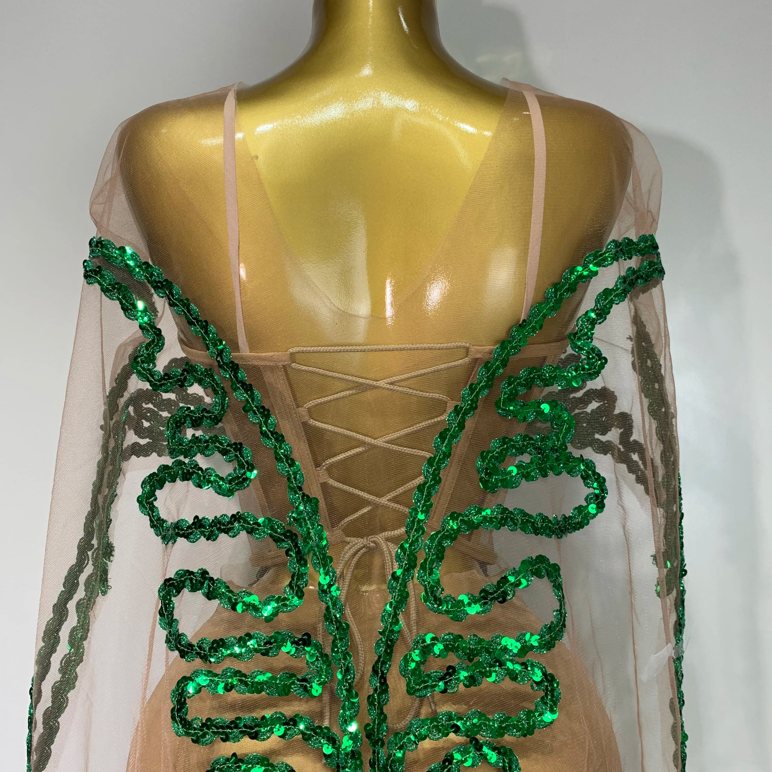 Sexy Mesh See Through Long Dress Sparkly Green Sequins Night Club Party Dress Cloak Birthday Celebrate Drag Queen Stage Costumes