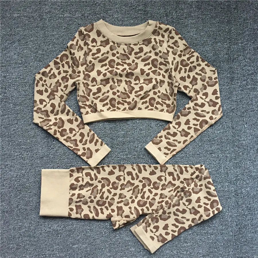Women Fashion Sexy Leopard Printed 2 PCS Yoga Set Gym Shockproof Sports Bras Sport Leggings Running Work Out Training Suit