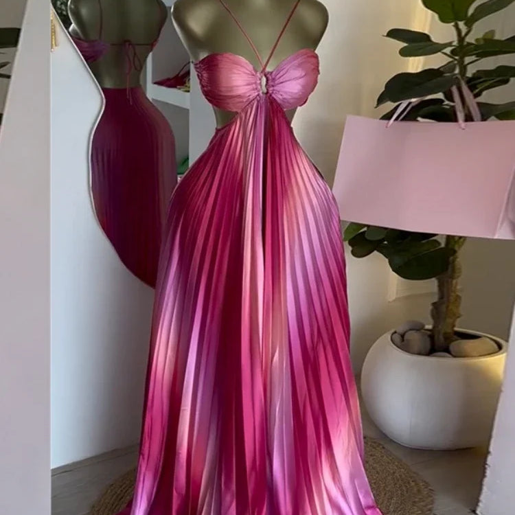 CM.YAYA 2025 Elegant Sleeveless Sweet Strapless Gradient Floor-Length Long Women Dress Beach Party Evening Sexy Pleated Dresses
