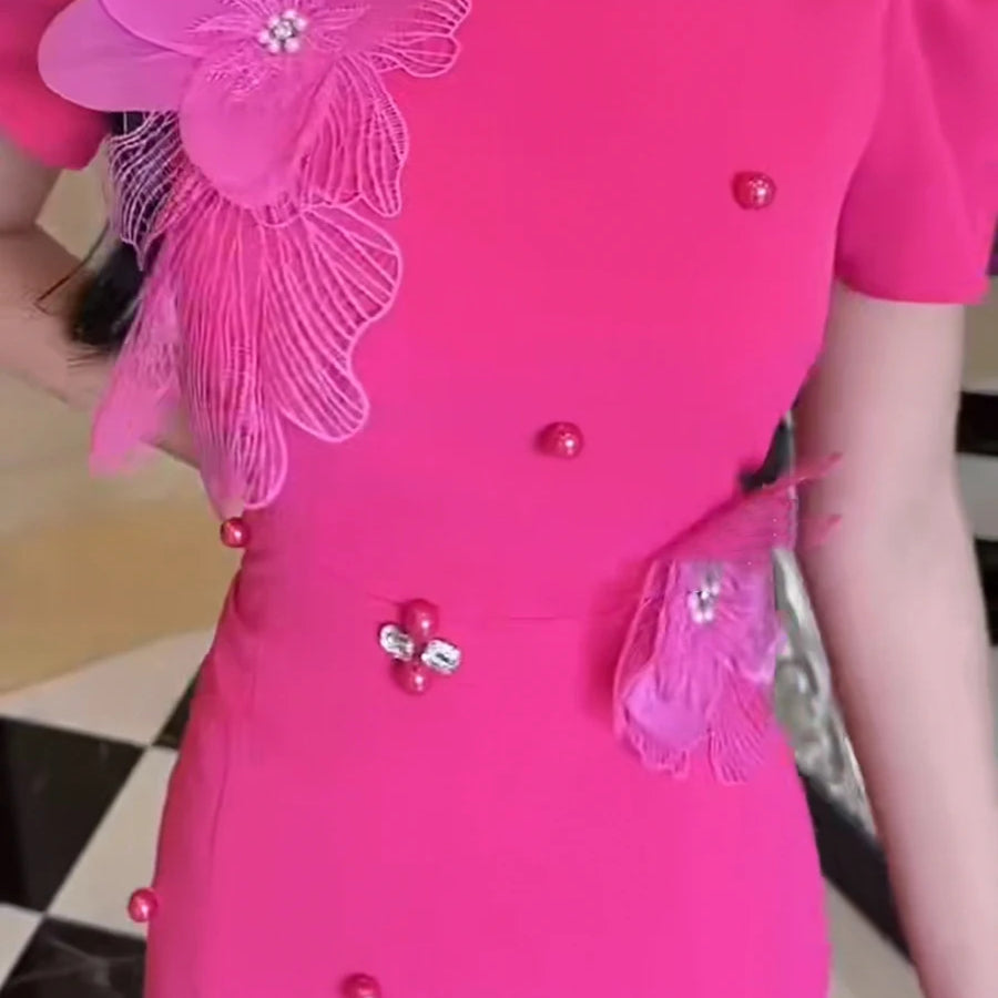 TWOTWINSTYLE Hit Color Spliced 3D Flower Elegant Dresses for Women Round Neck Short Sleeves Patchwork Folds Sheer Dress Female