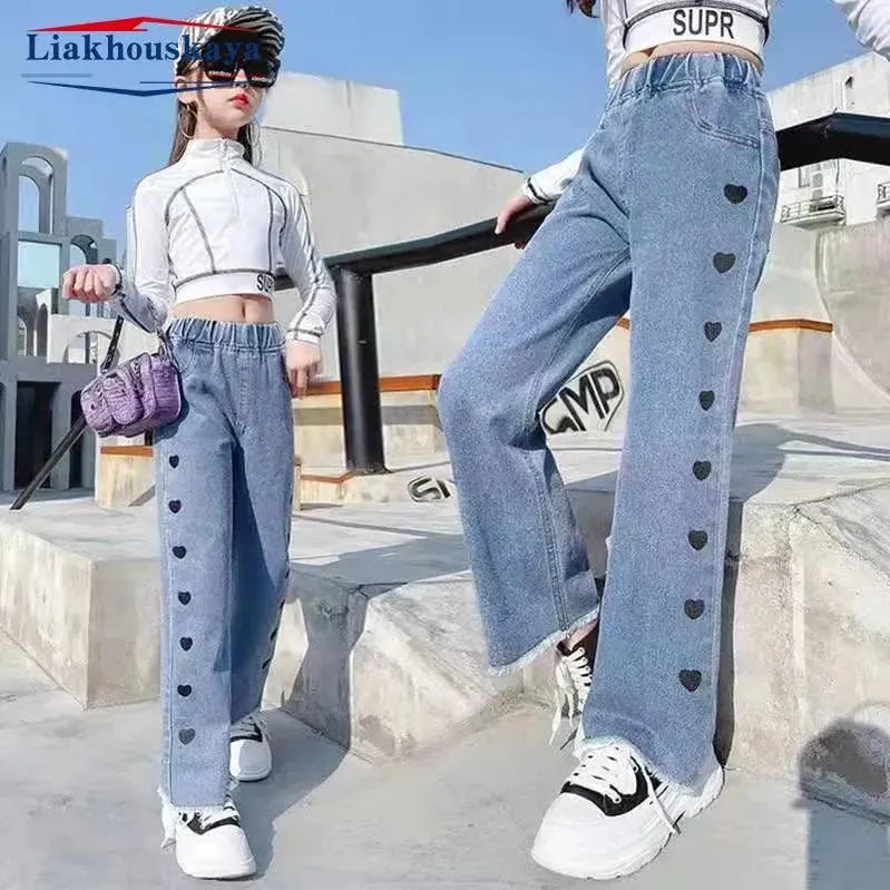 Girls Hole Sale Hanger Jeans Pants Kids Denim Trousers Casual Clothes For Teenagers Girl Spring Winter Trendy Children Clothes Love Pants