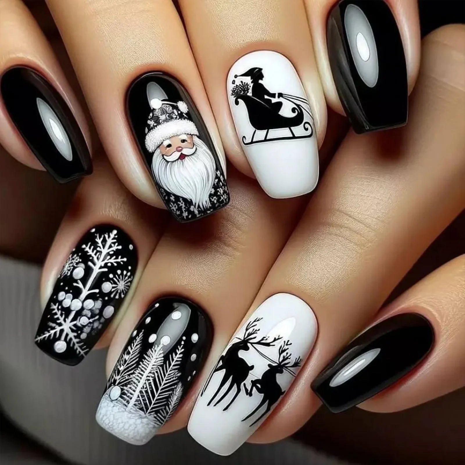 24Pcs Black/White False Nails Medium Length Coffin Christmas Nails Press On Full Cover Acrylic False Nails Santas/Deer Printed