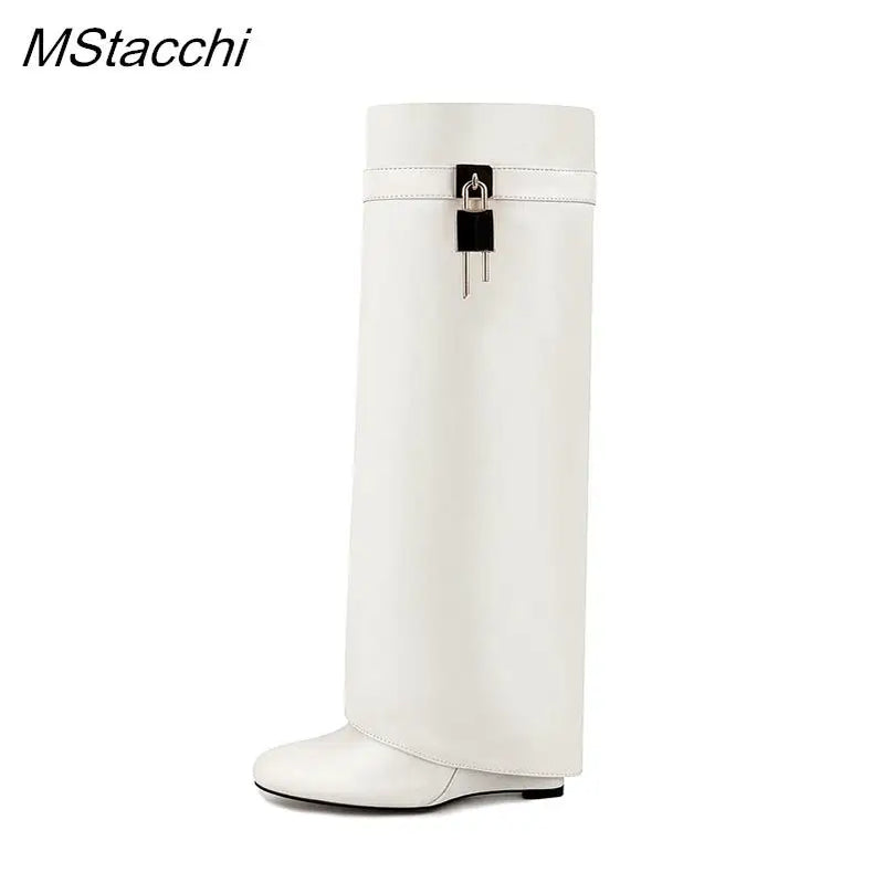 Lock Metal Buckle Women Knee High Boots Wedges Shoes For Woman Punk Style Round Toe Zipper Cowboy Boots Trend 2025 Female Shoes