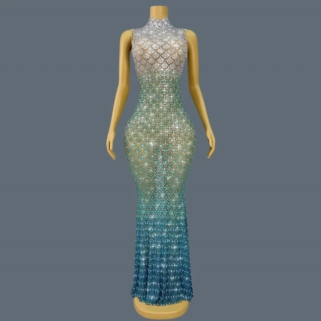 Trendy Gradient Sparkling Crystal Sheer Mesh Long Dress Sexy High-end Skinny Evening Dress Birthday Night Party Outfit Qingshe