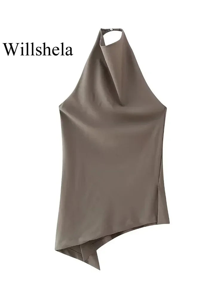 Women Fashion Two Piece Set Brown Pleated Halter Neck Tops & Straight Pants Vintage Female Chic Lady Pants Suit