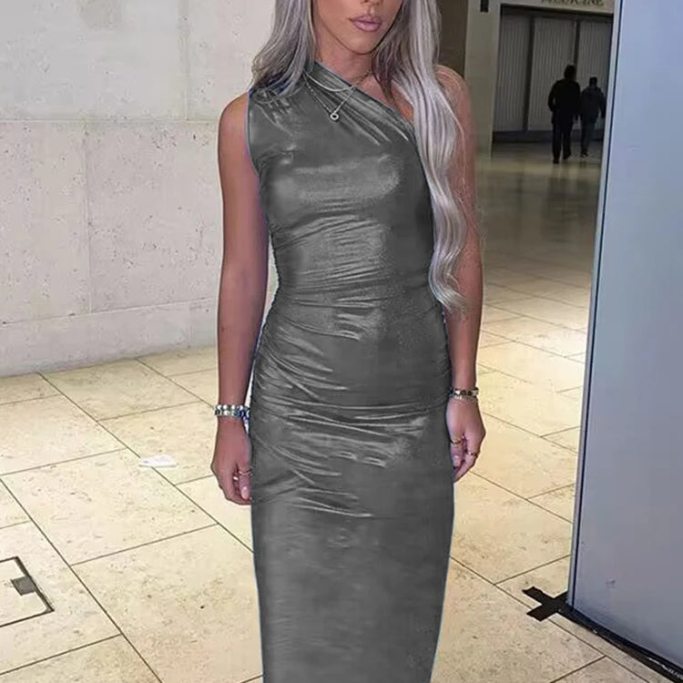 Faux Leather Sleeveless One Shoulder Long Dress For Women Bodycon Sexy Streetwear Party Club Outfits Summer Clothes