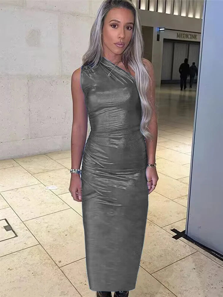 Faux Leather Sleeveless One Shoulder Long Dress For Women Bodycon Sexy Streetwear Party Club Outfits Summer Clothes