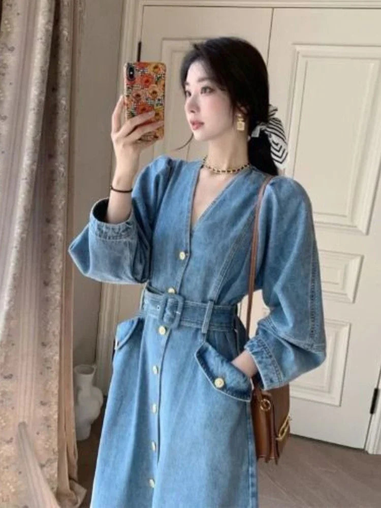 Dresses for Women Autumn V-Neck Temperament Cowboy Dresses LOOSE Solid Robe Korean Fashion Versatile A-line Long Dress Blue