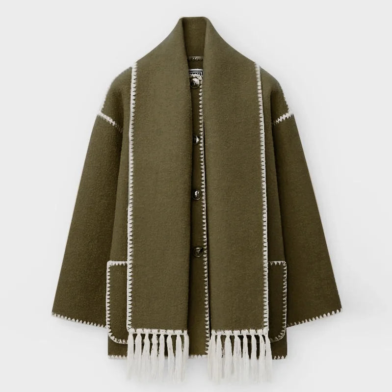 Fashion Embroidery Coat With Scarf For Women Long Sleeve Pockets Jacket Female Autumn Single Breasted Loose Lady Streetwear as picture 4