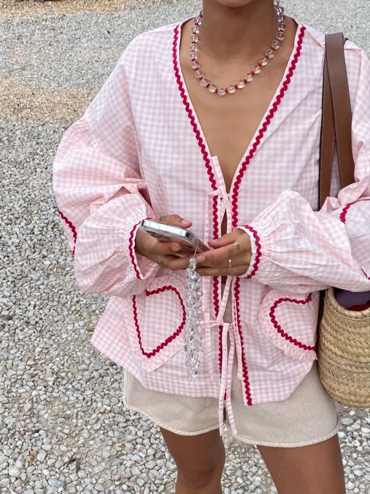 Women Heart Pocket Plaid Shirt Pants Set Casual Lantern Sleeve Lace Up Blouse 2 Piece Sets Summer Loose Drawstring Pants Set light pink top