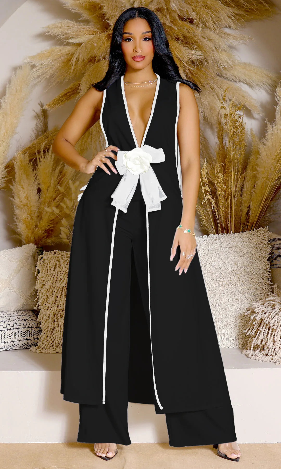 CM.YAYA Women Set 3D Flower Sleeveless V-neck X-long Shirt Coats + Wide Leg Pants Two 2 Piece Sets Fashion Outfits 2024 Summer