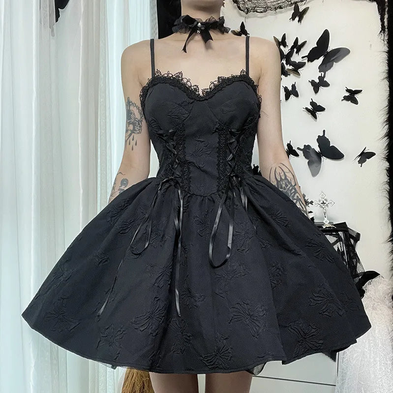 Goth Dark Tie Up Mall Gothic Elegant Women Dresses Grunge Aesthetic Jacquard A-Line Dress Emo Lace Trim Black Party Alt Clothes