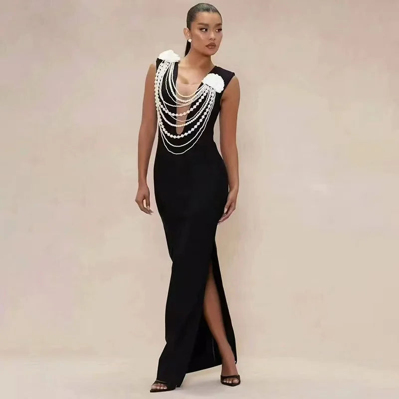 Arrival Women Sexy Sleeveless Pearl Beading Bodycon Bandage Long Dress Celebrate Evening Party Nightclub Outfit Vestido
