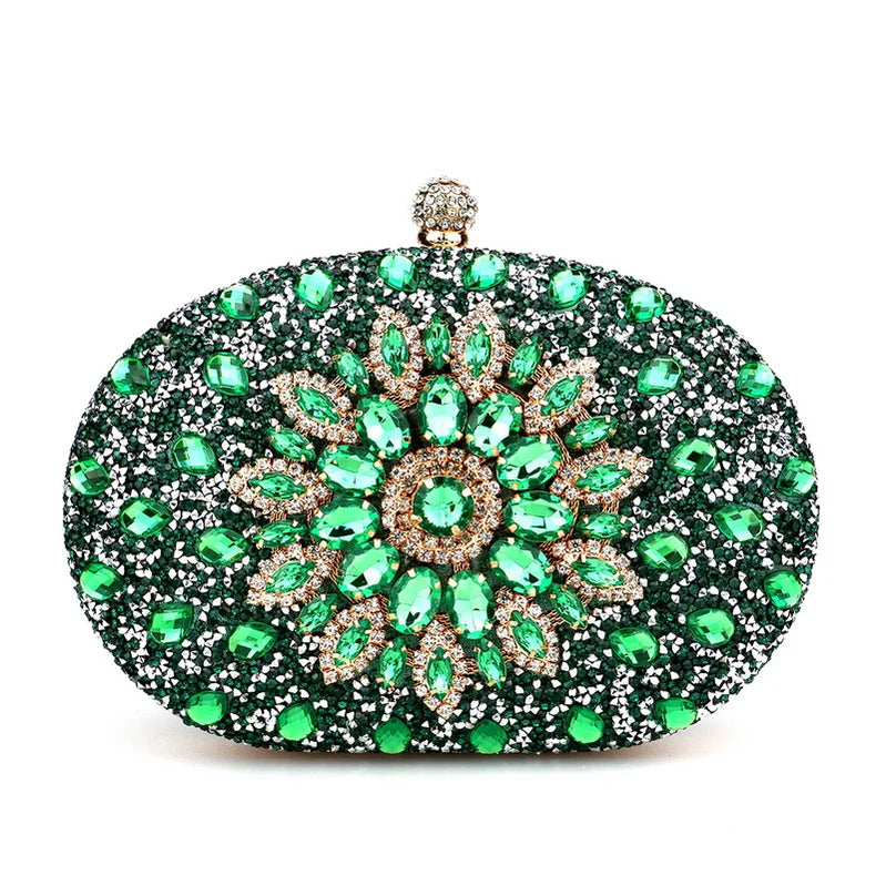 Rhinestones Women Bags Hollow Out Style Fashion Evening Bags Chain Shoulder Handbags Party Wedding Day Clutch Purse YM3108green