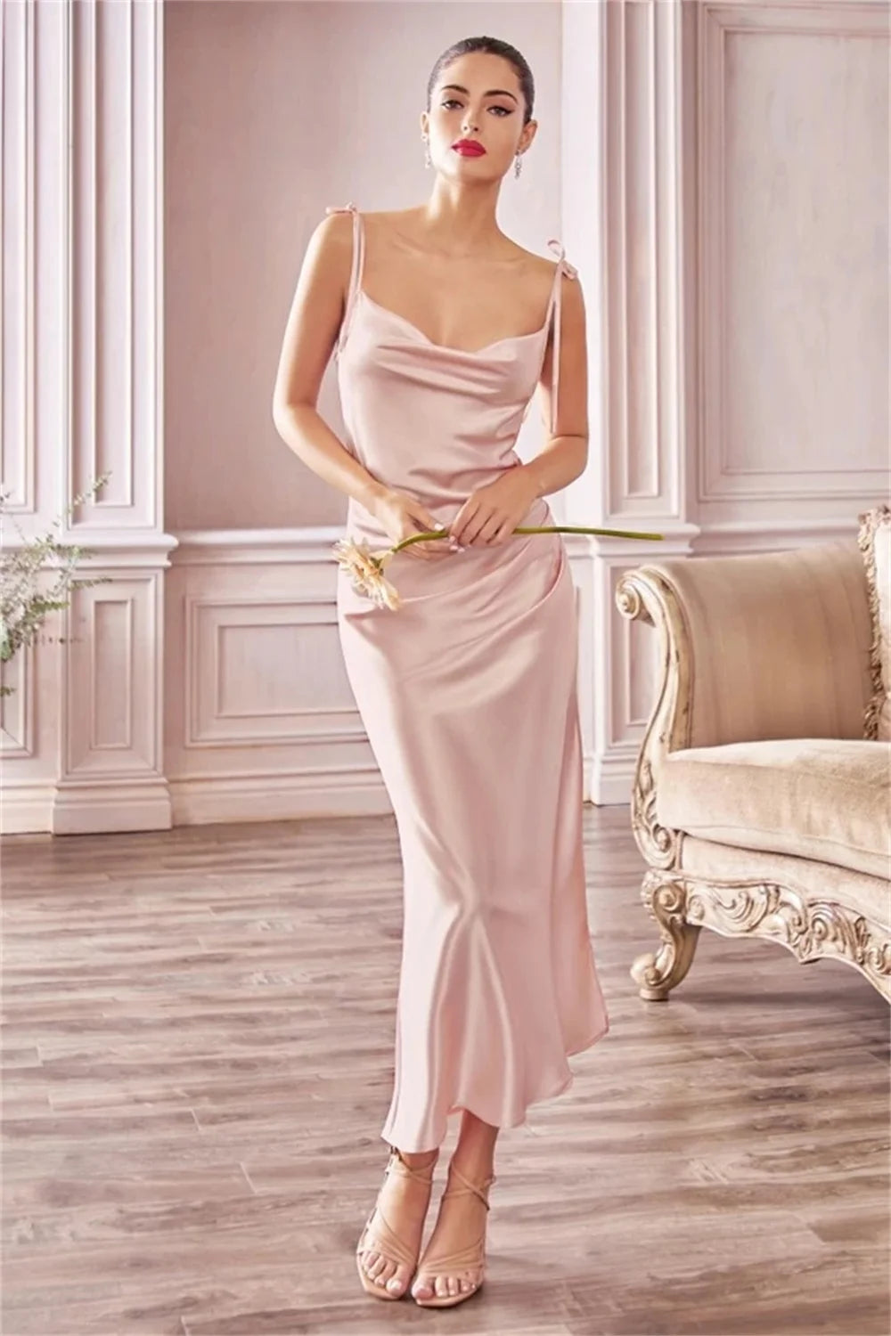Sage Green Cowl Neck Tie Straps Satin Summer Beach Midi Women Dress Sexy Slit Short Evening Party Dresses for Bridesmaid