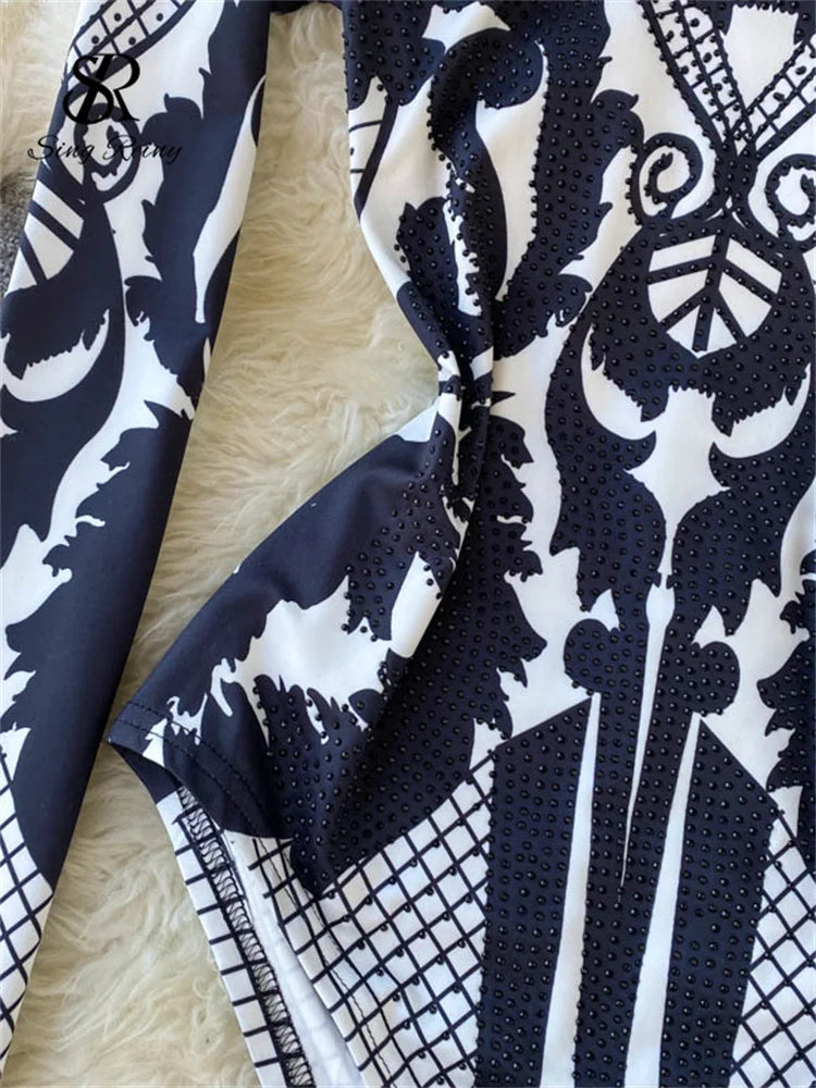 Design Autumn New Print Rompers Women Stand Collar Long Sleeve Slim Jumpsuits Chic Fashion Sexy Bodycon Short Bodysuit