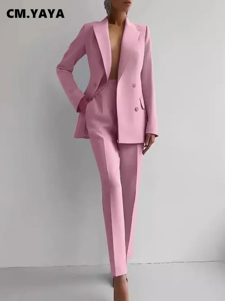 CM.YAYA Elegant Blazer Suit and Wide Leg Pants Two 2 Piece Sets Outfits Women 2024 Classic OL Work Street Outfit Tracksuit