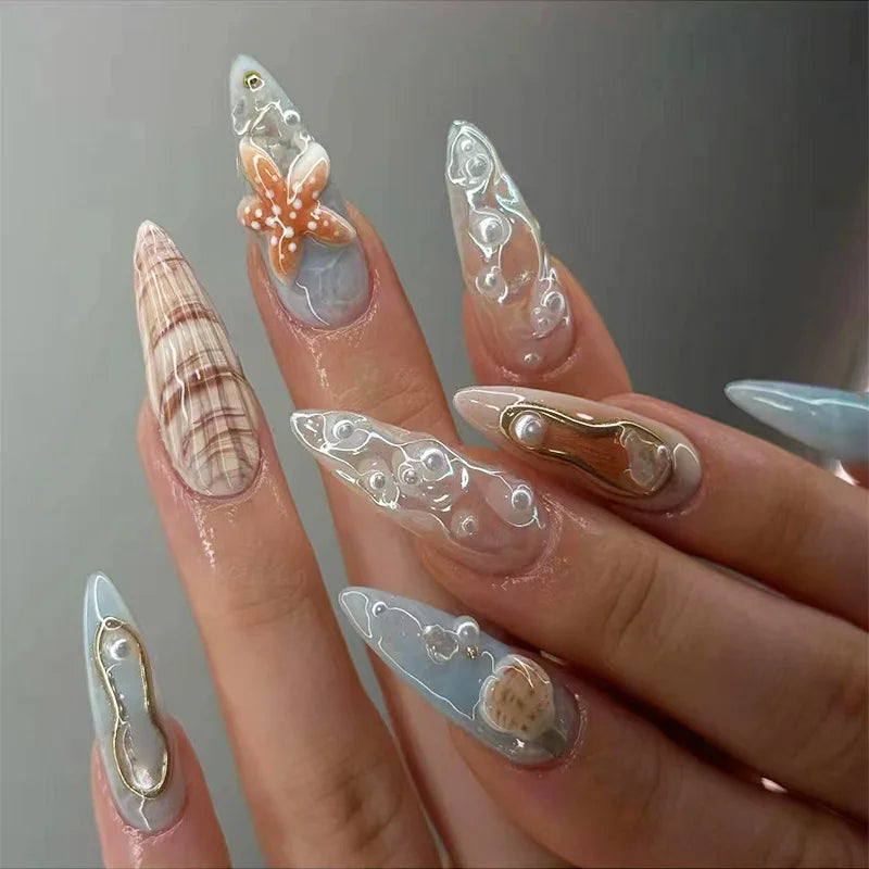 24pcs Blue Ocean Fake Nails Beach Shells Pearl Diamond Design False Nail Tips Korean Sweet Girls Wearable Almond Press on Nails
