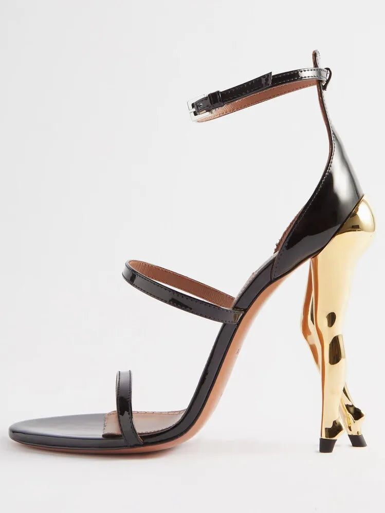 Women's New Lacquer Leather Black Show Irregular High Heel Knee Length Women's Boots Fashion Round Head Side Zipper Party Boots w525-Black gold heel