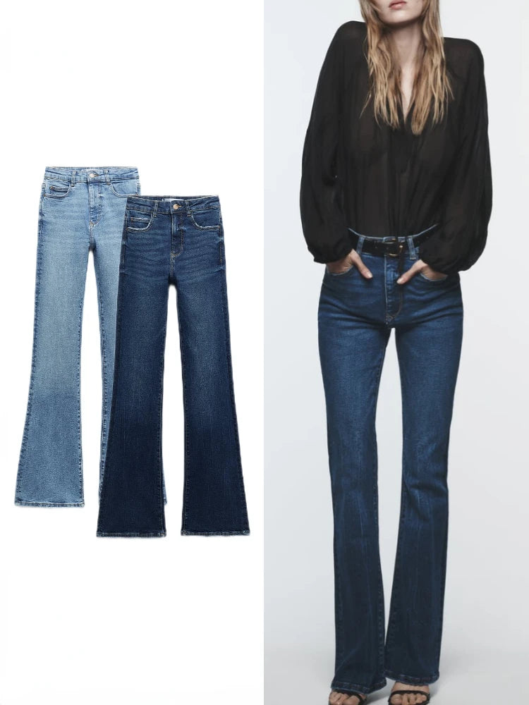 Woman's High Waist Flare Jeans Autumn Washed Effect High Rise Five Pocket Zip Button Closure Stretch Flared Legs Jeans