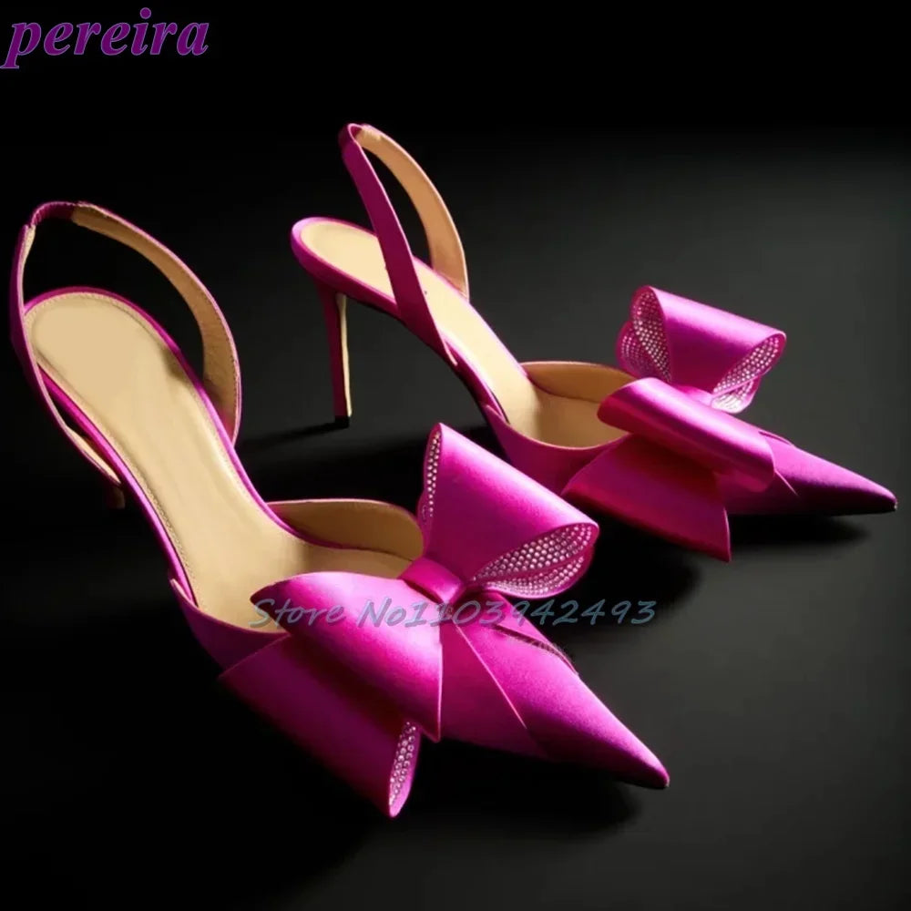 Butterfly-Knot Satin Rhinestones Sandals Pointed Toe High Heels Kitten Heel Women Luxury Designer Mules Solid Back Strap Shoes